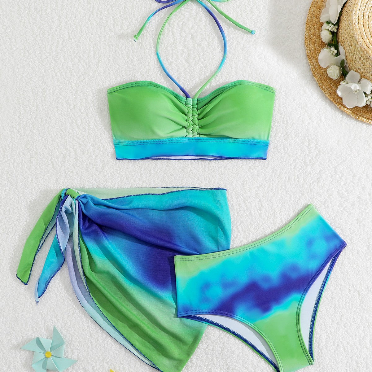 New Gradient Pleated Neck Bikini Kids’ Gauze Skirt Three-Piece Set