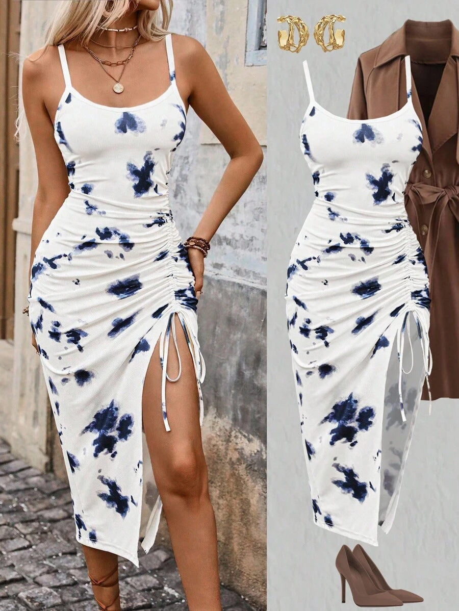 Women's Bohemian Pleated Beach Maxi Dress – U-Neck Sleeveless Side Slit Vacation Summer Dress