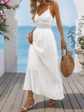 Fashion Beach Dress for Women Solid Color Hollow-Out Halter Neck Backless V-Neck Waist-Cinching Vacation Maxi Dress