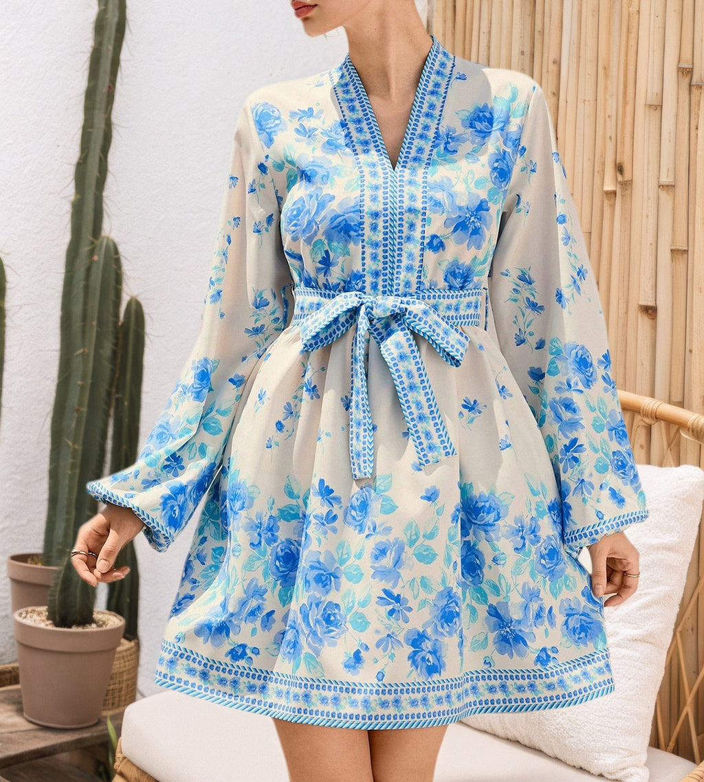 Women's V-Neck Floral Print Long Sleeve Belted Lantern Sleeve Midi Dress