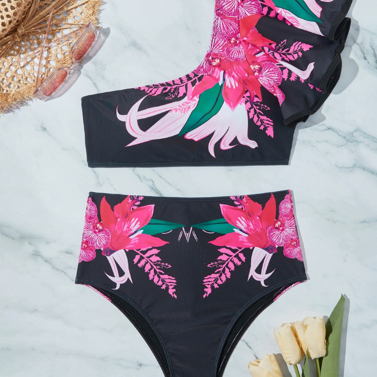 Digital Printing Shoulder Ruffled High Waist Bikini Swimsuit for Women