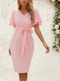 Women's V-Neck Waist Tie Side Slit Bodycon Midi Dress – Elegant Lace-Up Party & Evening Dress