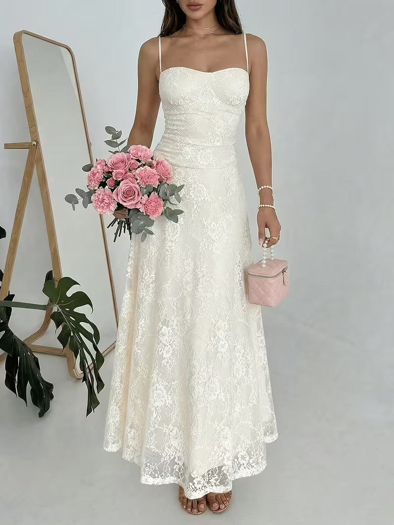 Women's 2026 Summer Lace Suspender Maxi Dress – Elegant Sleeveless Waist-Cinching Long Dress with Slim Fit and Flowing Skirt