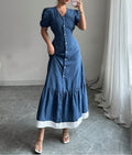 Women's Summer Color-Block Slim-Fit Long Dress with Button Detail and Waist-Enhancing Design