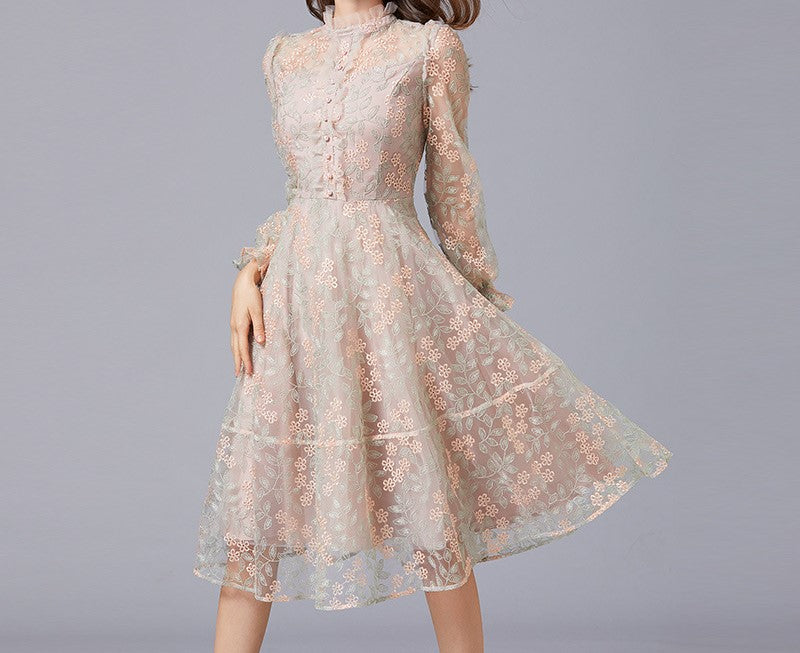 Elegant French Mesh Embroidered Dress for Women – New Spring & Autumn Collection, Sophisticated Plus Size Fashion