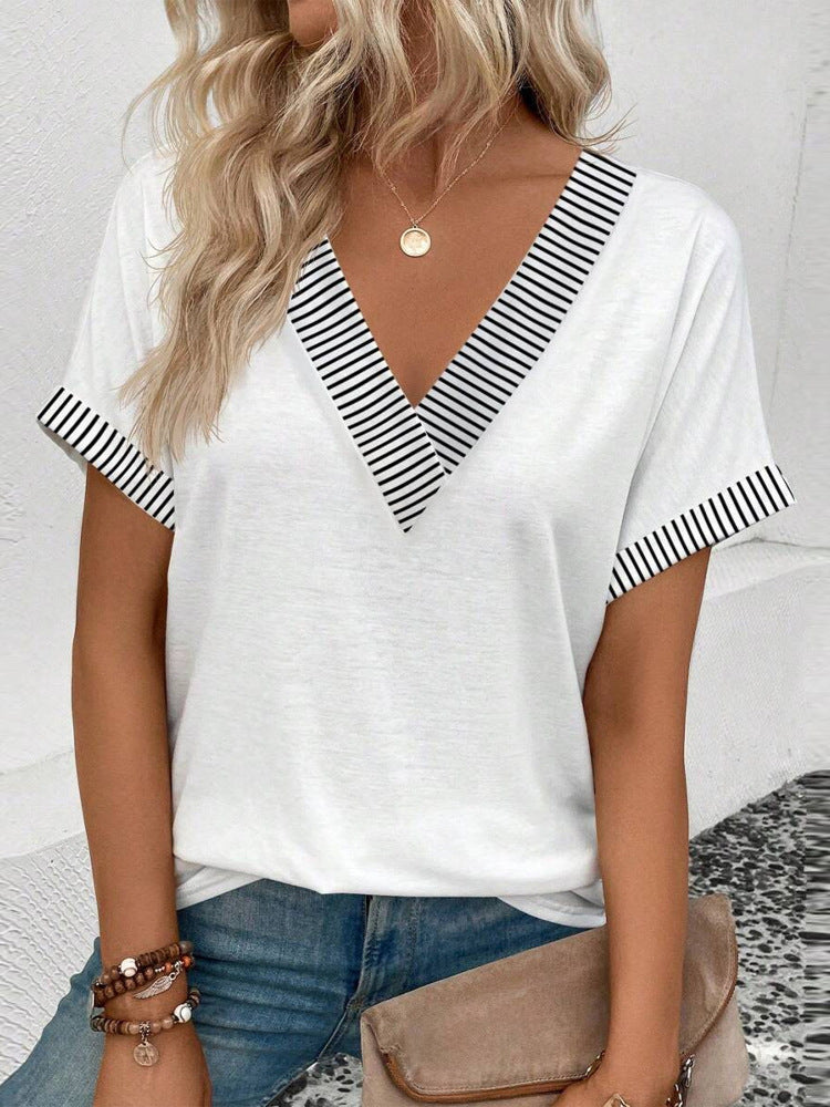 Women's Summer V-Neck Short Sleeve Solid Color Casual Top