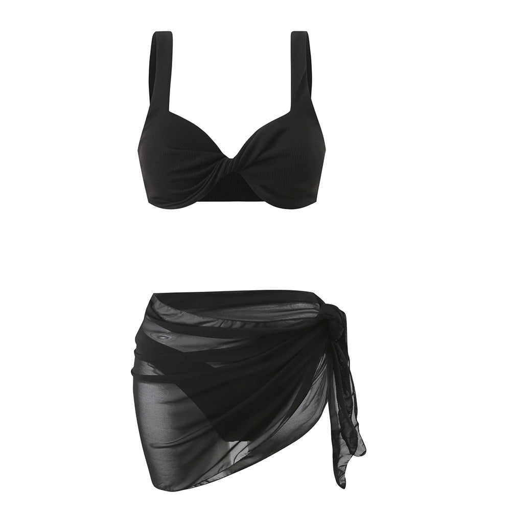 Solid Color Twist Bag Shoulder Strap Bikini with Gauze Skirt - 3-Piece Swimsuit Set
