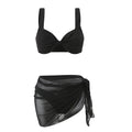 Solid Color Twist Bag Shoulder Strap Bikini with Gauze Skirt - 3-Piece Swimsuit Set