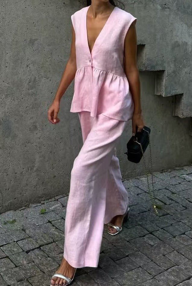 Women's V-Neck Button Sleeveless Vest & Pants Two-Piece Workwear Set