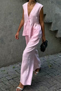 Women's V-Neck Button Sleeveless Vest & Pants Two-Piece Workwear Set