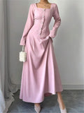 Women's Elegant Long Sleeve Button-Up Maxi Dress – Solid Color Spring Casual Dress