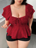 Plus Size Women's Square Neck T-Shirt – Summer Bright Red, Sweet & Spicy Waist-Cinching Top