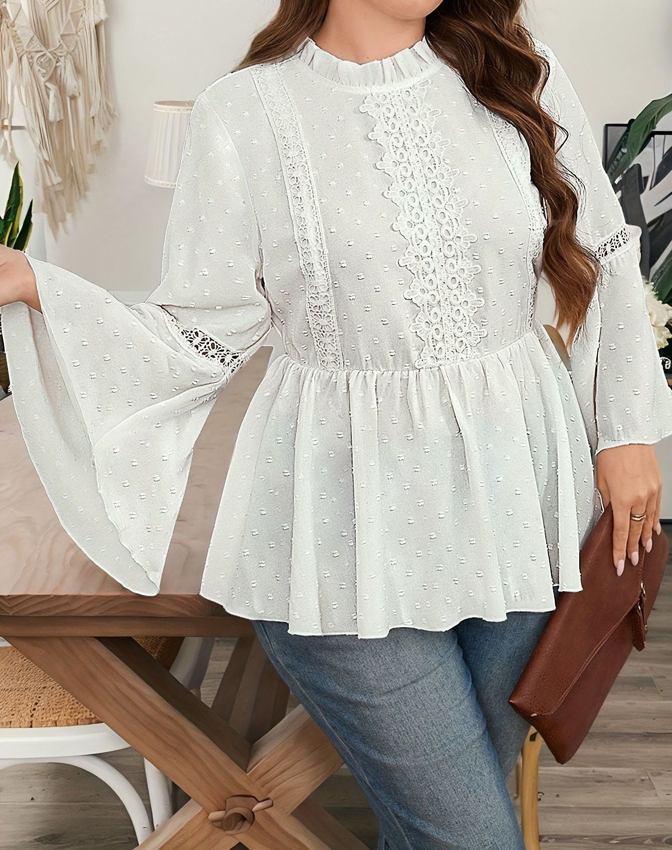 Women's Plus Size Pure Color Lace Ruffle Sleeve Shirt – Elegant Long Sleeve Casual Top