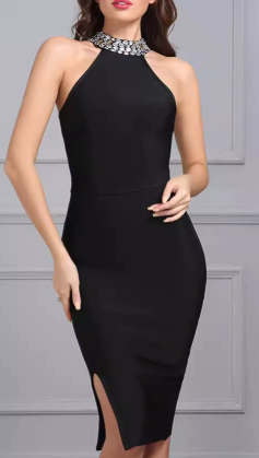 Women Backless Split Scarf Neck Bandage Dress