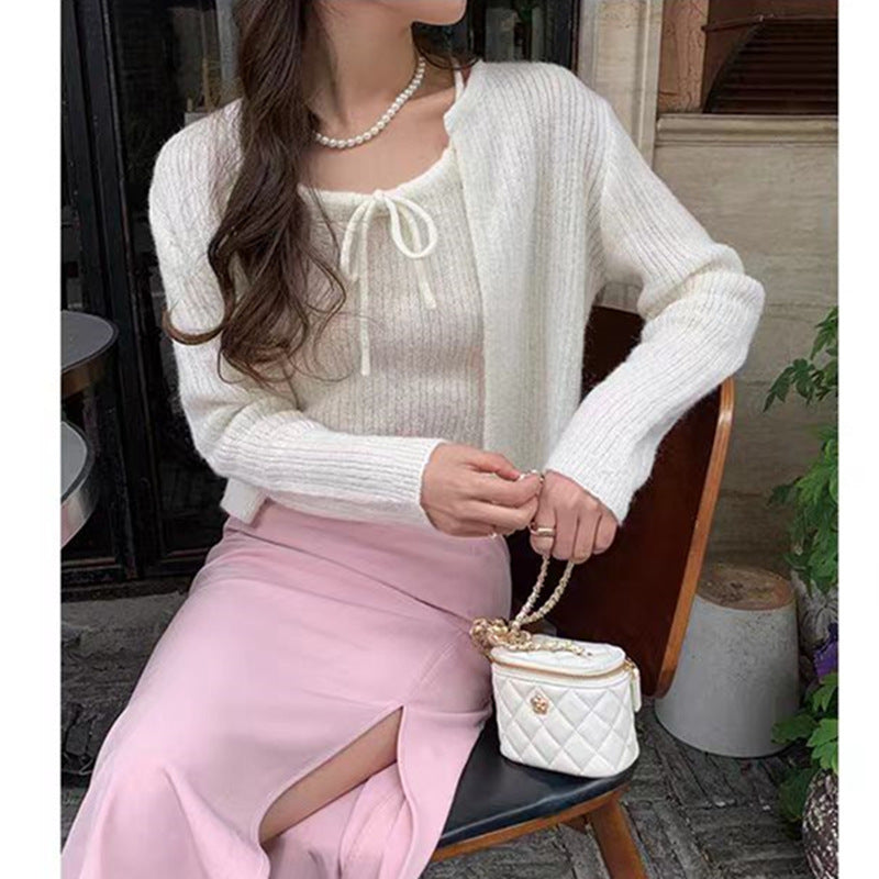 Women's Small Short Knitted Sweater Two-Piece Set - Camisole & Cardigan