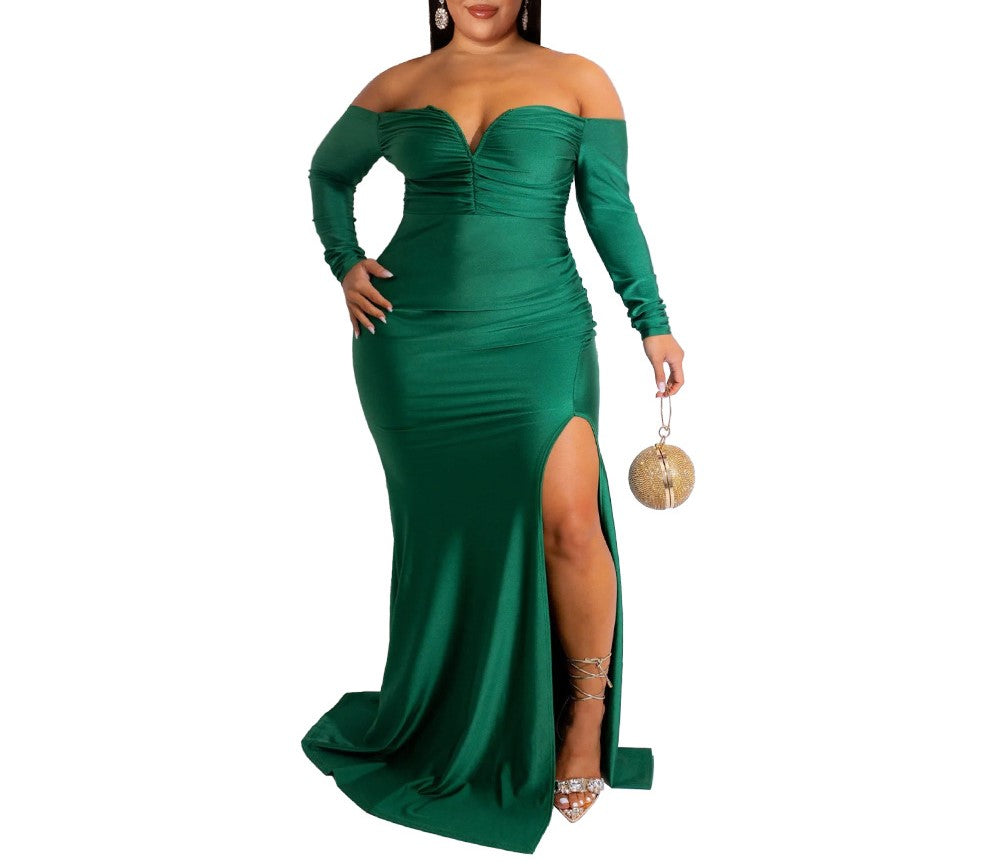 Plus Size Women's V-Neck Slit Long Dress – Solid Color Bodycon Nightclub Maxi Dress for Autumn & Winter