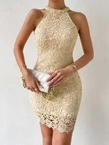 Women's Slim Fit Solid Color Sleeveless Lace Dress