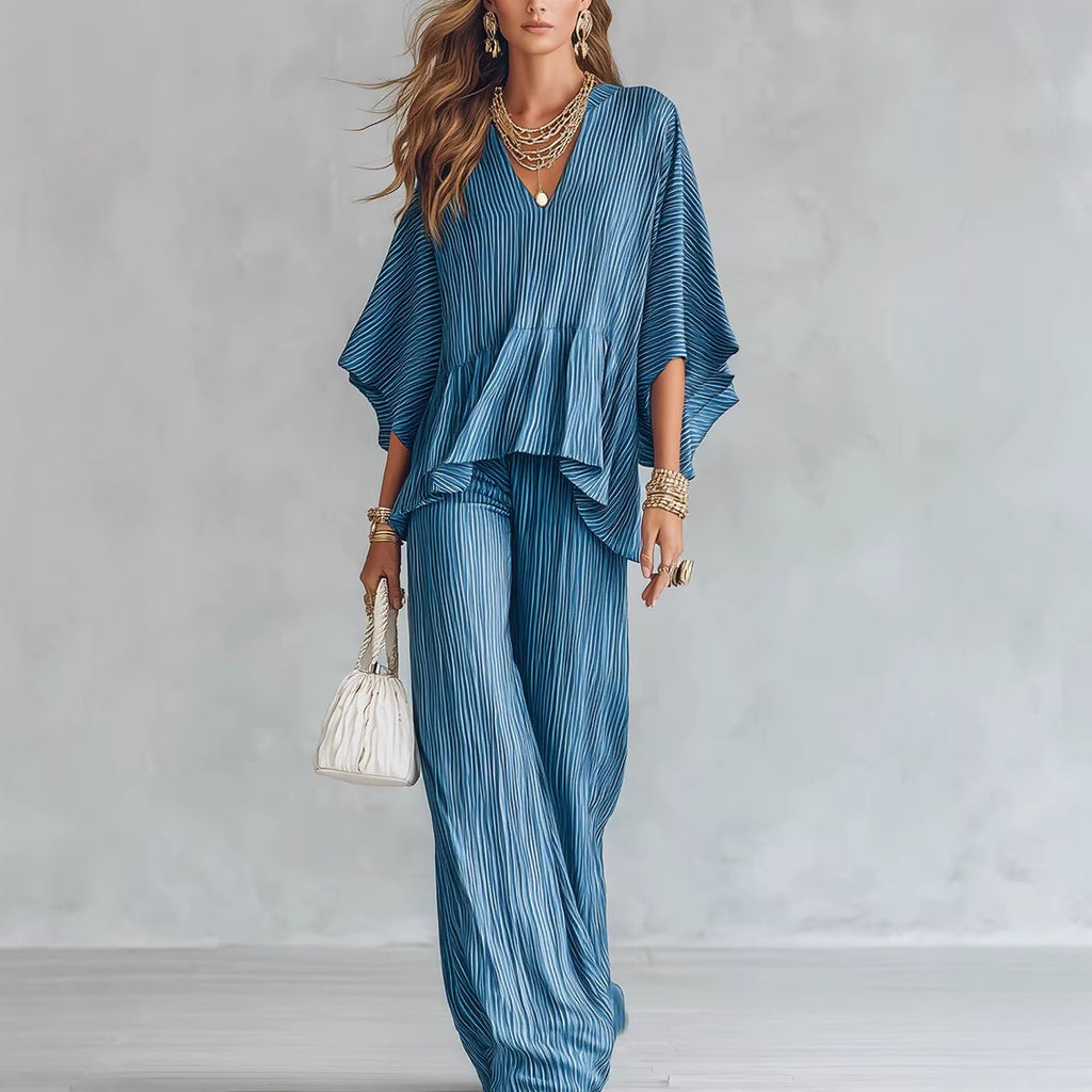 Women's Cotton Linen Blend Long-Sleeve Half-Button Top and Pleated Wide-Leg Pants Two-Piece Set