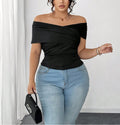 Plus Size Women's Intellectual Chic One-Shoulder T-Shirt – Elegant Summer Off-the-Shoulder Top for Casual & Trendy Looks