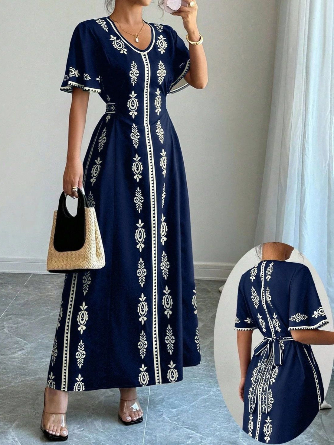 Fashion Printed Women's Summer Dress – Elegant Short Sleeve Waist-Cinching Slim Fit Casual Midi Dress