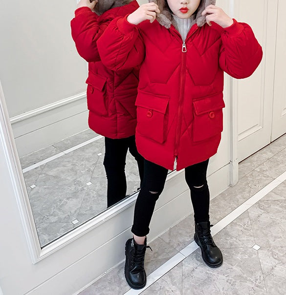 Children’s Thickened Velvet Hooded Cotton Coat – Medium and Long Warm Winter Jacket - RAC25JP3260GOW