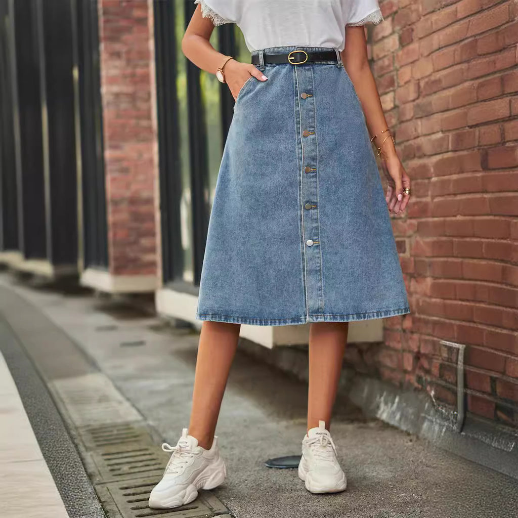 Slimming Washed Denim One-Button Midi Skirt for Women