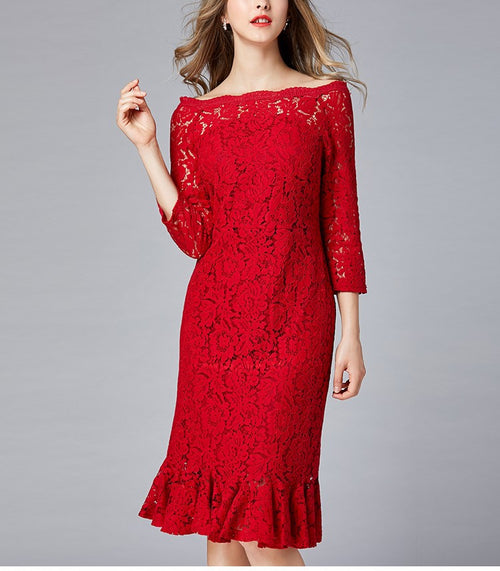 Branded French Lace Dress for Women – Plus-Size Off-Shoulder Elegant Crochet Fishtail Skirt | New Spring & Autumn Collection