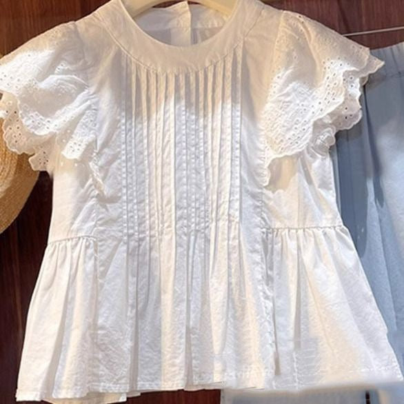 Summer Hollow-Out Shirt with Doll Top & Lace Wide-Leg Pants Set - RAC26JP5395BATS