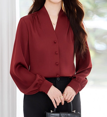 Women's V-Neck Long Sleeve Slim Fit Fashion Shirt
