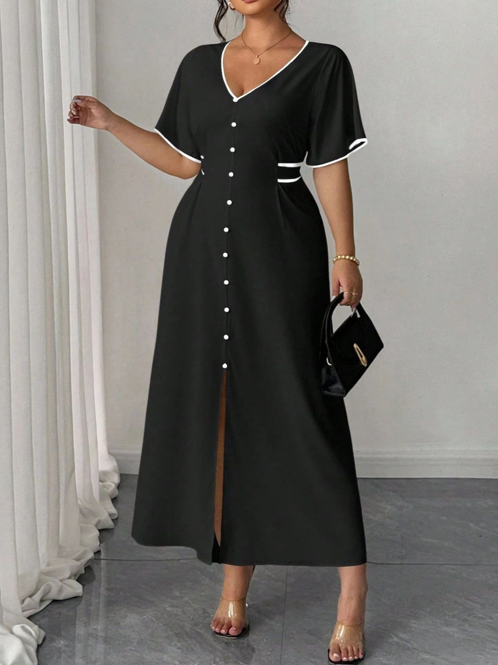 Women's Plus-Size Elegant Midi Dress with Flattering Fit, Soft Fabric, Classic Style, Comfortable Everyday Wear