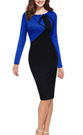 Women Slim Bodycon Long Sleeve Dress with Bow Accent Black and Blue