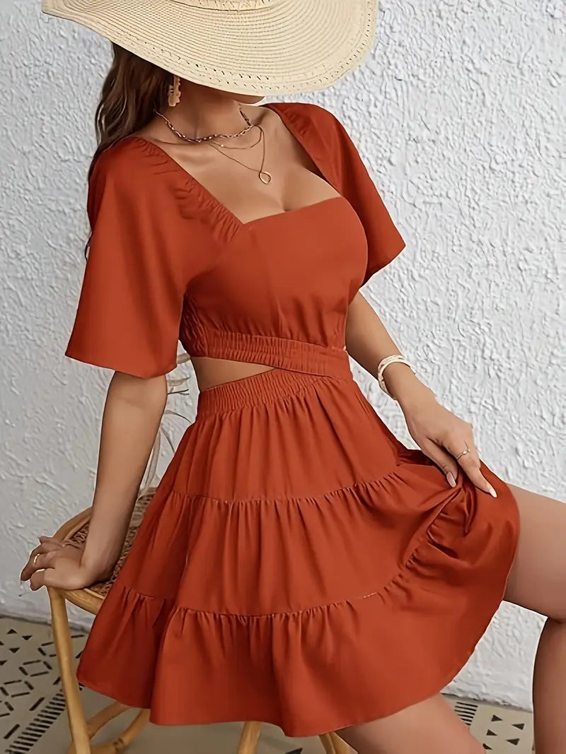 Women's Summer Square Neck Hollow Waist Solid Color Midi Dress