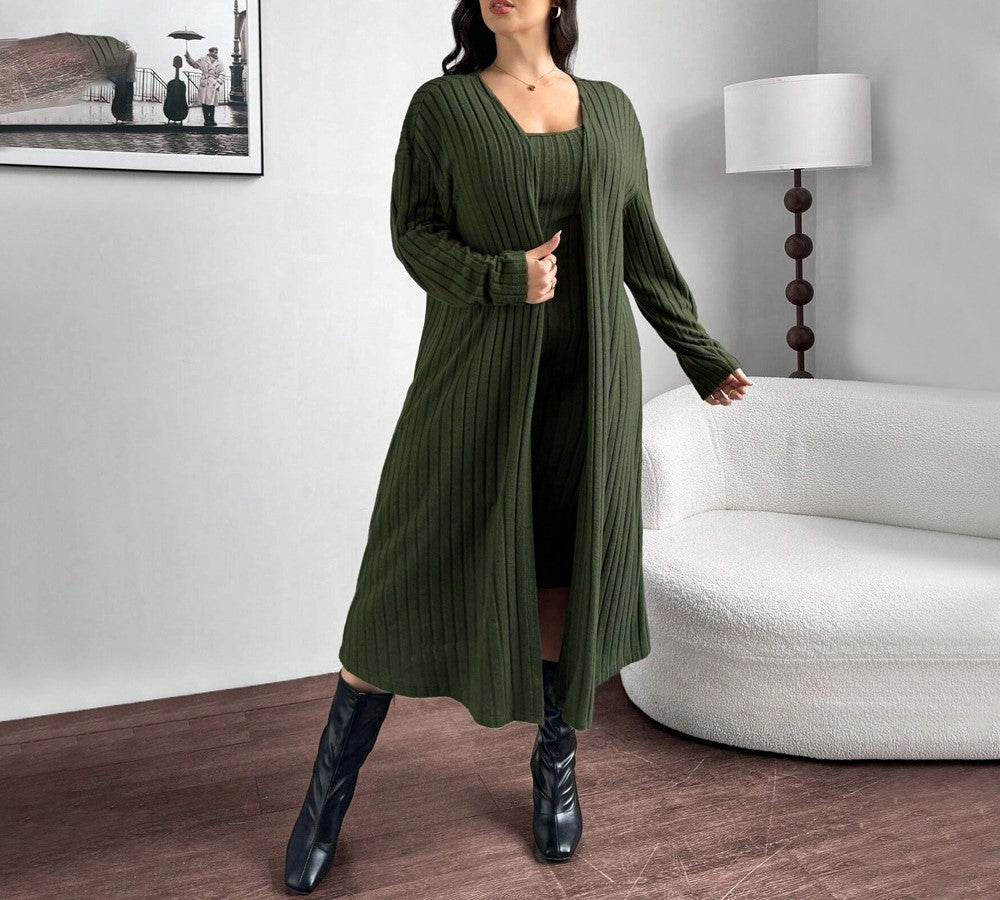 Plus Size Women’s Autumn Winter Two-Piece Set – Cozy Lazy Style Coat & Suspender Dress Casual Fashion Outfit