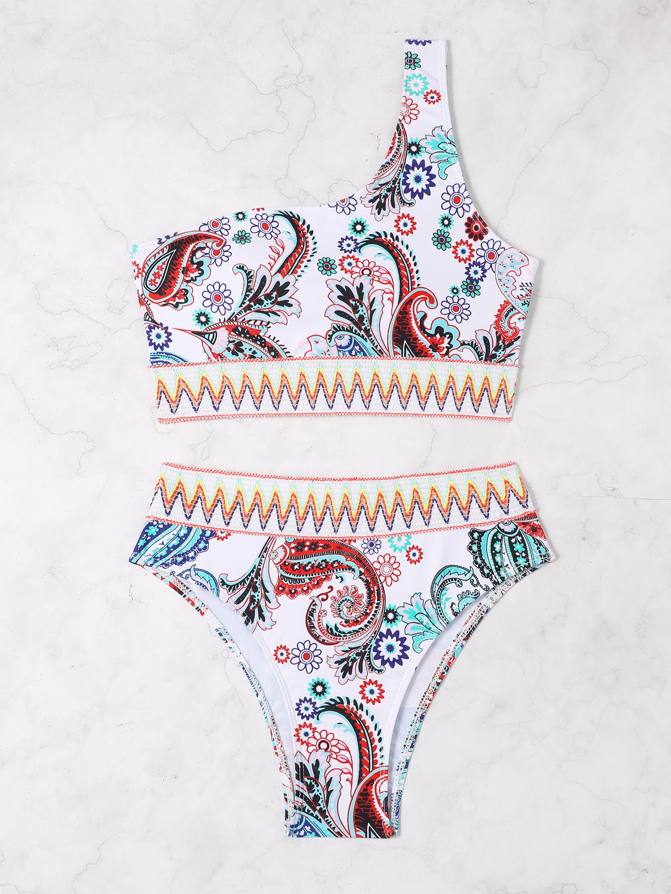 New Digital Print High-Waist Shoulder Strap Bikini Split Swimsuit