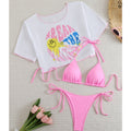 New Three-Piece Bikini Set - Printed Short-Sleeve Mesh Swimsuit for Women
