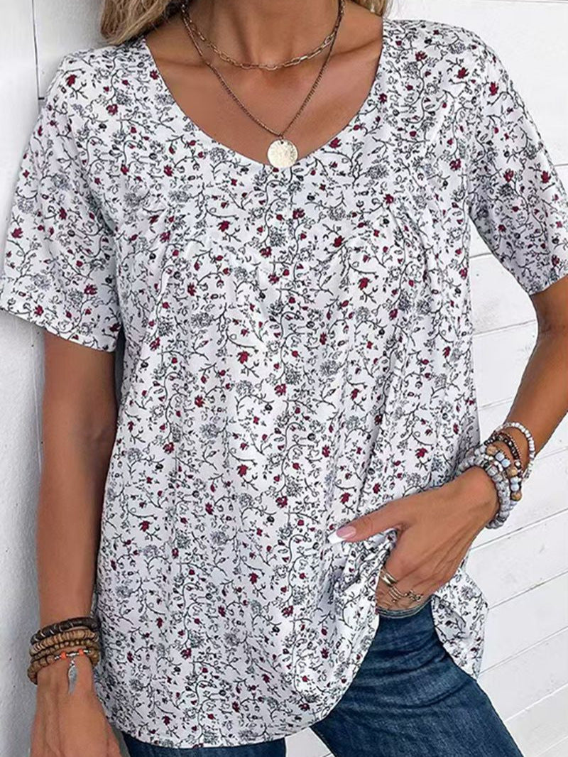 New Summer Style Elegant Printed V-Neck Short-Sleeved Top for Women