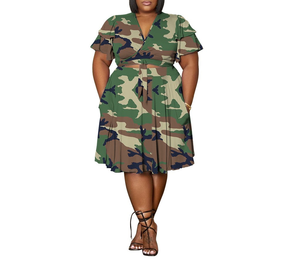 Women's Plus Size Ruffled Sleeve V-Neck Tie Short Skirt Set with Pockets – Chic Two-Piece Outfit
