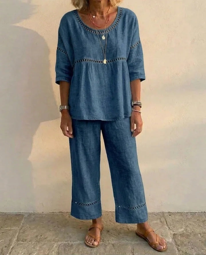 Women's Casual Loose Round Neck Faux Denim Top and Pants Two-Piece Outfit Set  Description: