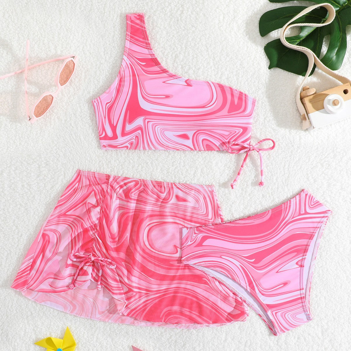 New Wave Print Drawstring One-Shoulder Kids’ 3-Piece Swimsuit Set