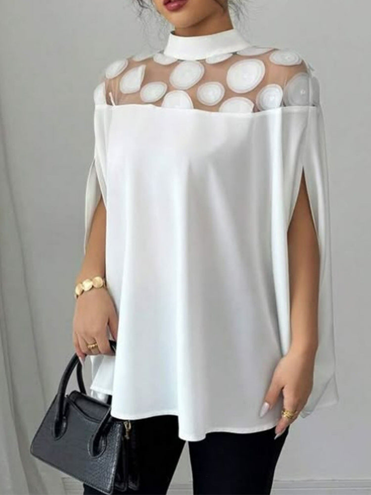 Summer Solid Color Mesh Shoulder Bat Sleeve Elegant Women's Casual Top