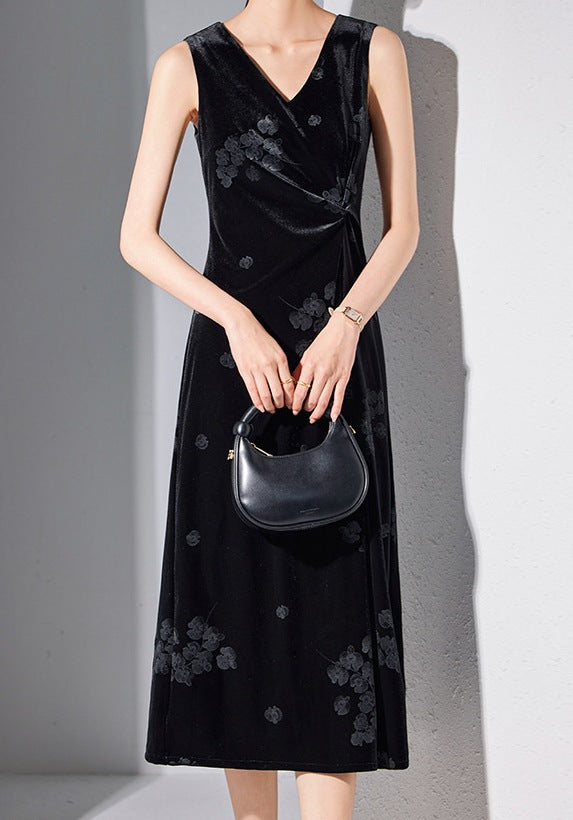High-End Gold Velvet Black Suspender Slim Dress