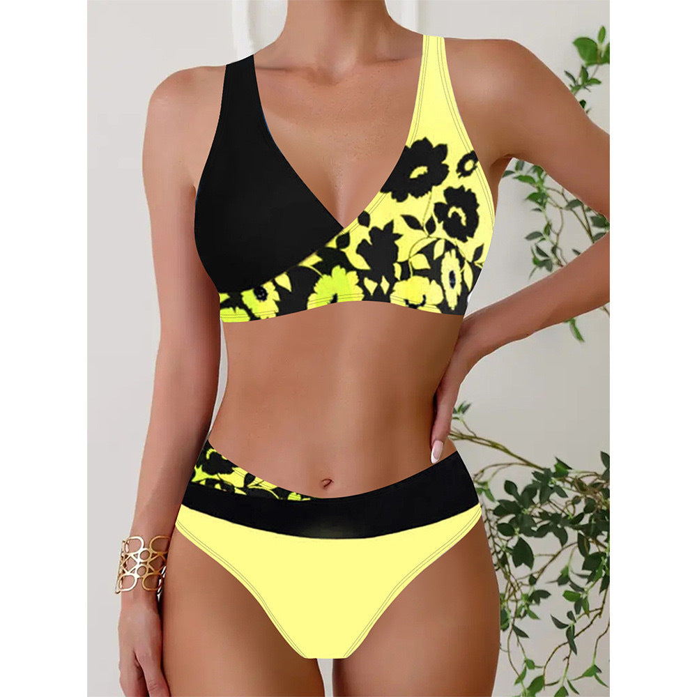 New Digital Print Cross V-Neck Bikini with High Waist Split Design
