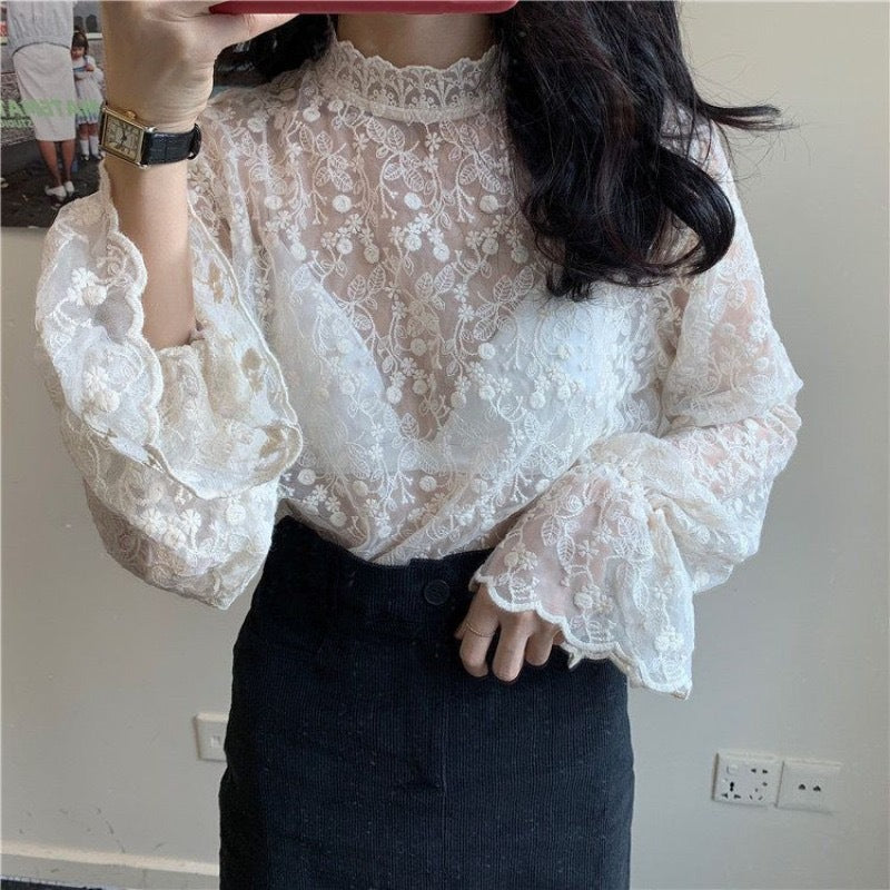 Women's New Sheer Mesh Top with Lace Detail Fairy-Style Chiffon Blouse