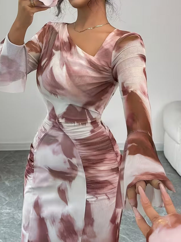 Women's Tie-Dye Printed Pleated Bell Sleeve Maxi Dress with Elegant Long Flowing Skirt