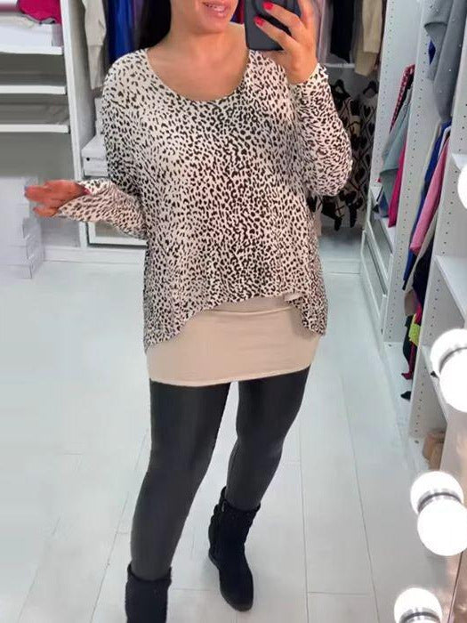 Women's Summer Round Neck Leopard Print Long Sleeve Layered Look Casual Fashion Top