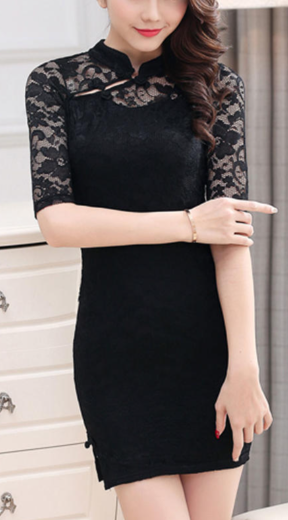 Women Fashion Small Collar Lace Up Sheath Dress