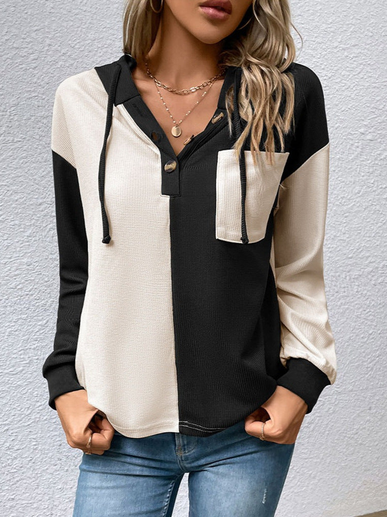 Women's Color Block Off-Shoulder Hooded Drawstring Sweatshirt – Casual Long Sleeve Sports Pullover