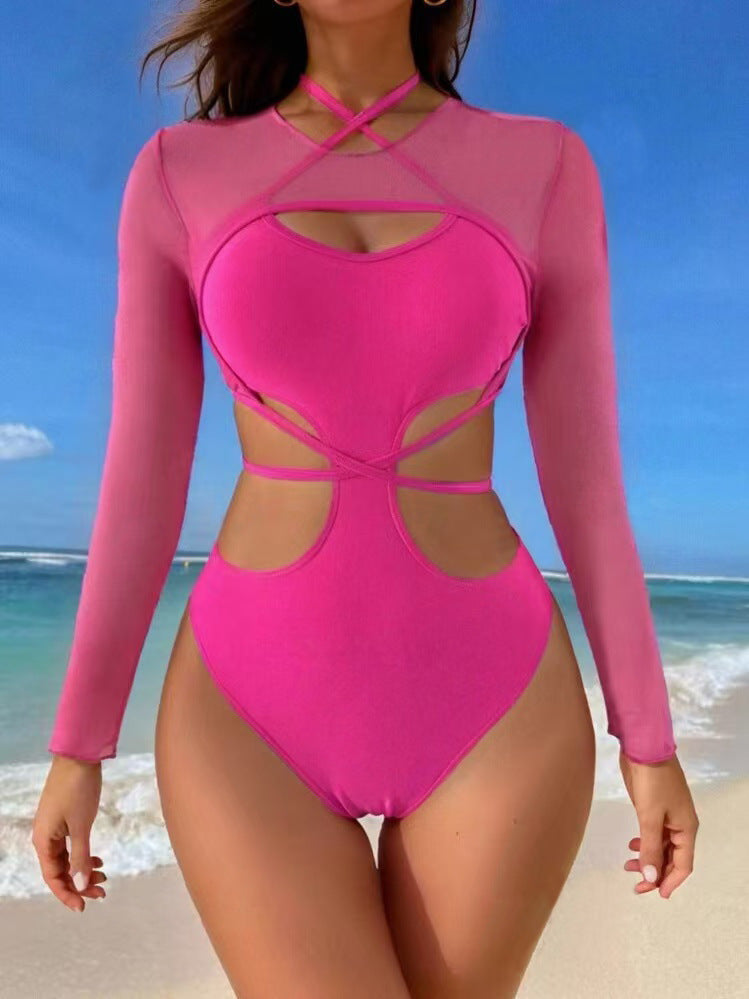 Mesh Strap Solid Color Bikini Swimsuit for Women