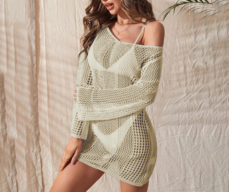 Solid Color Knitted Backless Long Sleeve Beach Blouse & Skirt Bikini Cover-Up