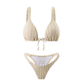 Solid Color Pleated Shoulder Strap Backless Split Bikini Swimsuit for Women